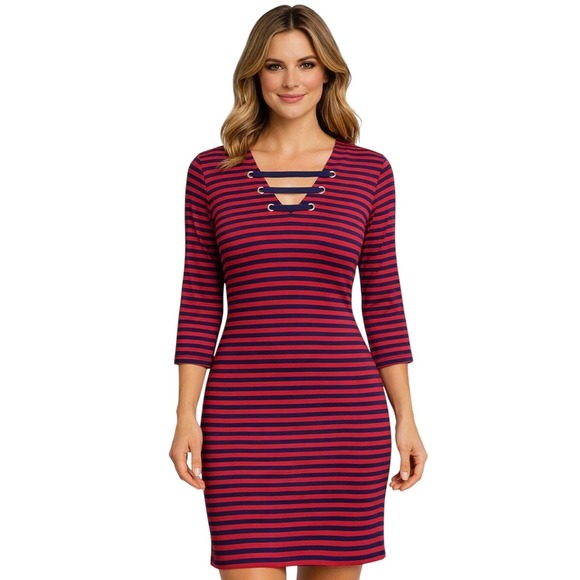 MICHAEL Michael Kors Dresses & Skirts - Michael Kors Striped Knit Dress Red & Navy V‑Neck Lace Up Preppy Gold Medium